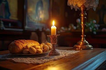 Holy Week, End, Palm Sunday, Good Friday, Easter Sunday Concept. Orthodox food in Great Christian Lent, Lenten food on a wooden table against the background of Orthodox icons. a lighted candle in lamp