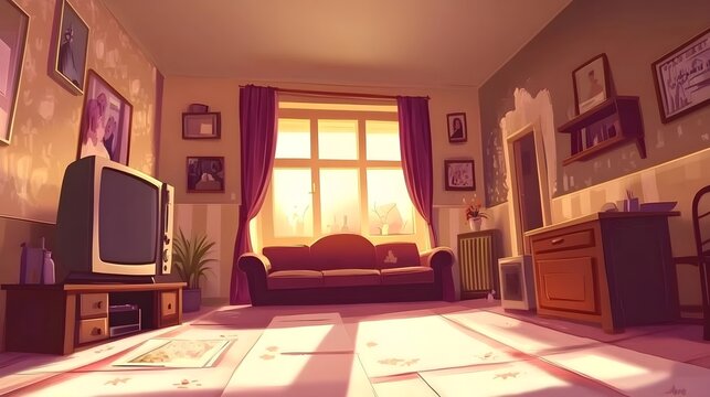 Cozy Living Room Interior: Vector Flat Design with Sofa, TV, and House Plants