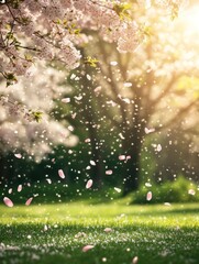 Enchanting sakura petals dancing on a spring breeze in sunlit garden