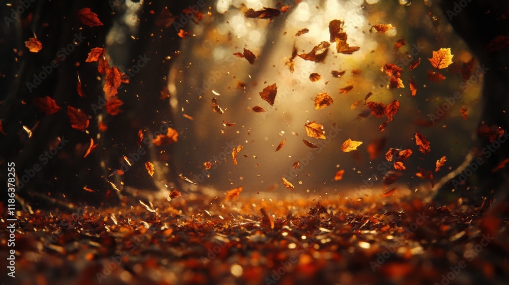 Poster autumn leaves drifting down in a serene forest during golden hour light. generative ai