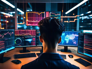 Man watching charts and monitors, view from the back