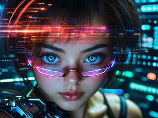 Portrait of a girl in glasses, the concept of cyber technology
