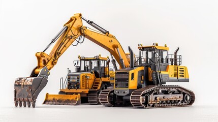 Excavator and bulldozers on white background, showcasing mechanical details, hydraulic arms, tracks, and wheels in bright lighting.