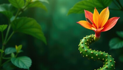 Fototapeta premium A lush green vine wrapped around the stem of a tropical flower, plants, foliage