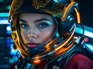 Portrait of a beautiful girl in a helmet, concept of cyber technologies