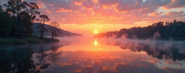 Fototapeta premium A peaceful sunrise over the Volga River with a misty veil in the background, waterbody, atmosphere