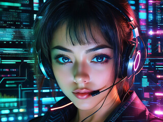 Portrait of a girl with a headset in a call center on monitors and charts