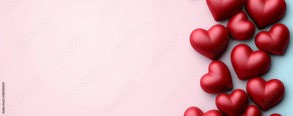Poster 3d render a cluster of red hearts on a soft pastel background, creating a romantic and cheerful atmo