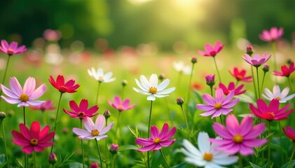 Fototapeta premium A sprawling bed of cosmos flowers in a meadow, field, greenery
