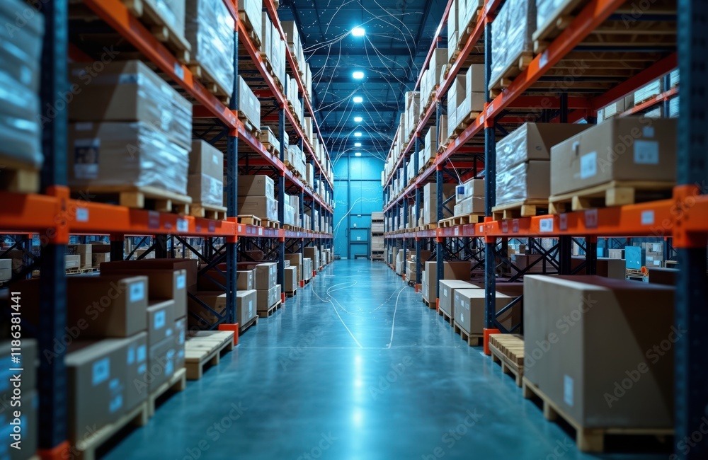 Poster modern warehouse aisle filled with cardboard boxes on pallets, shelves. network lines connect shelve
