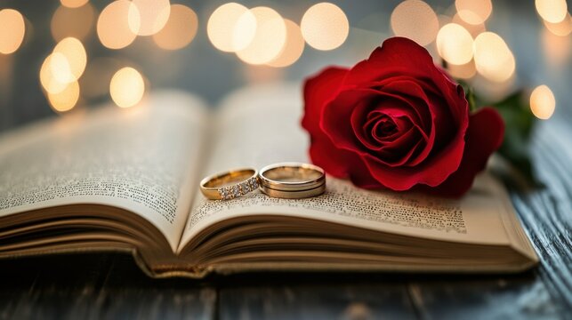 Elegant Wedding Scene with Rose and Wedding Bands on Open Book