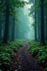 Obraz premium A winding path leads into the depths of the forest, misty conditions, forest atmosphere