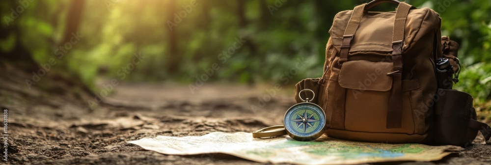 Aufkleber Enjoying a peaceful moment in the forest with a backpack, compass, and map during a sunny day. Generative AI