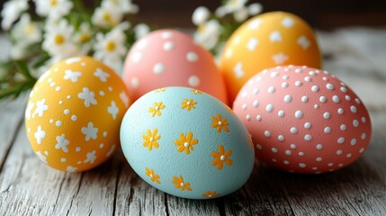 a wooden table adorned with colorful easter monday eggs. ideal background for poster, banner, web, social media. ai generative design
