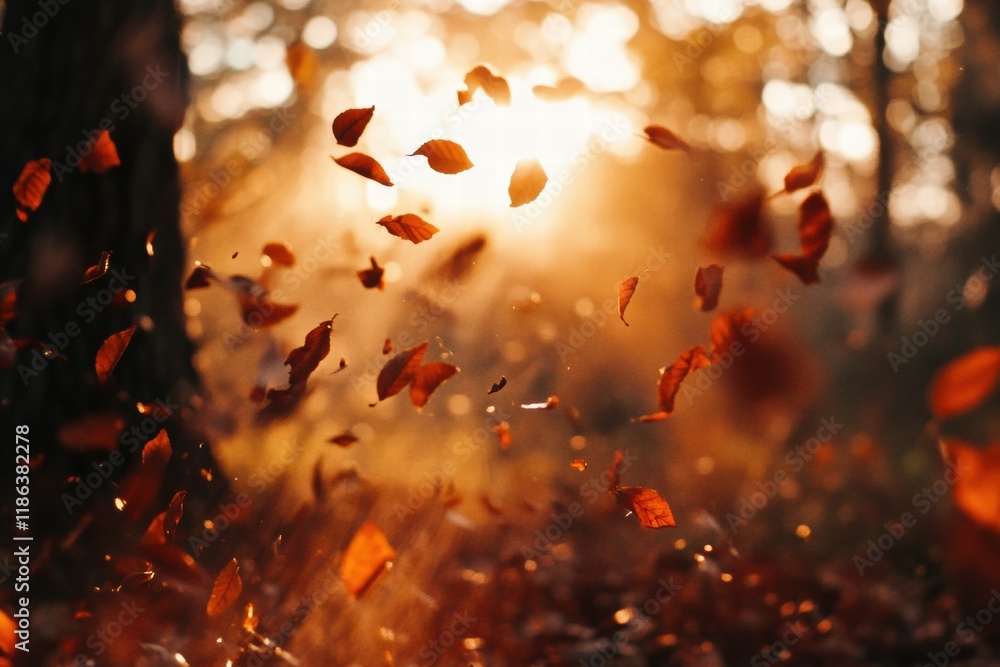 Poster Colorful autumn leaves dance in the forest as sunlight filters through trees during a serene fall evening. Generative AI