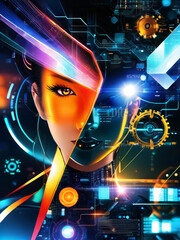 Future woman with cyber technology eye panel concept