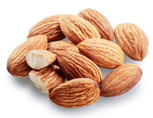 Almond nuts and cracked almonds isolated on white background. File contains clipping path.