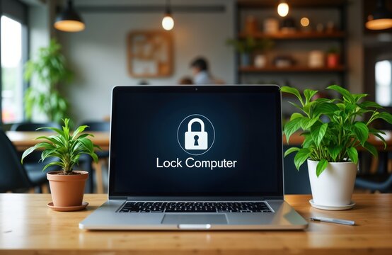Laptop computer with lock icon on screen sits on wooden table. Green plants by sides of device. Device secured for privacy security reasons. Possible work home office scene. Digital device ready for