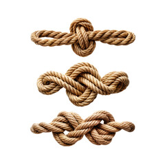 Obraz premium Rope Knots: A collection of three intricately tied rope knots, showcasing their unique patterns and textures. The knots are isolated against a clean background, making them perfect for graphic design.
