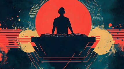 Silhouetted Dj Performing Behind Mixing Board Sunset