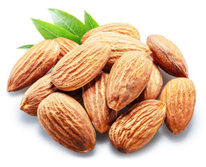 Group of shelled almond nuts on white background, top view. File contains clipping paths.