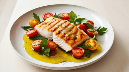 A beautifully plated grilled fish with tender fillets, served with juicy tomatoes, vibrant herbs, and a light splash of olive oil, arranged on a white plate for a fresh, simple presentation.