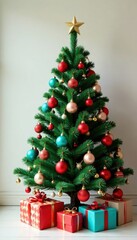 Christmas tree with colourful ornaments on simple light background, gift, evergreen, colorful
