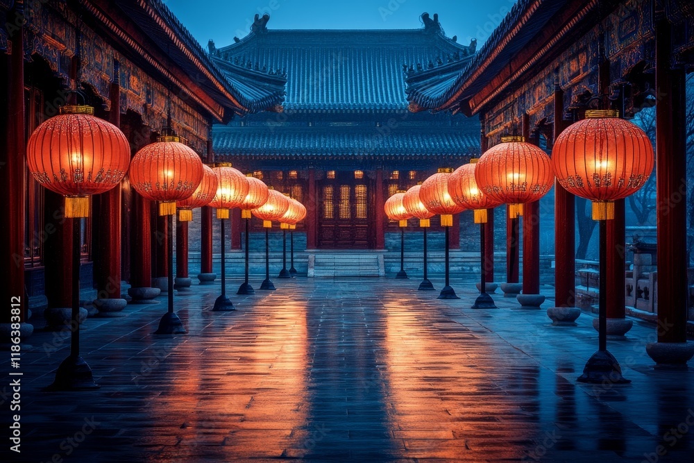 Poster serene traditional courtyard at dusk illuminated by lanterns in ancient architecture with calm refle