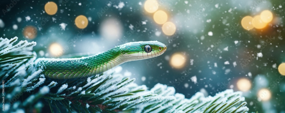 Poster green snake resting on pine branches with soft snowfall and blurred lights in the background, creati