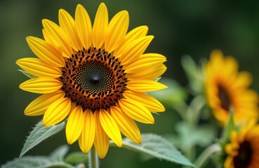 Fototapeta premium Close up view of bright yellow sunflower. Details of petals and dark center are visible. Natural beauty of summer flora. Plant in garden or field. Sunny day.