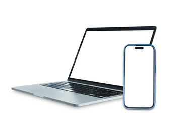 Laptop and tablet with blank screen isolated on transparent background, PNG Format