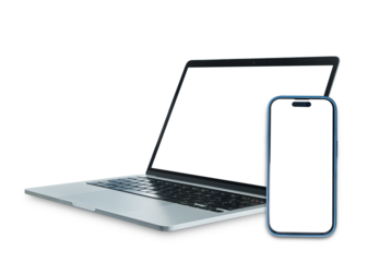Laptop and tablet with blank screen isolated on transparent background, PNG Format