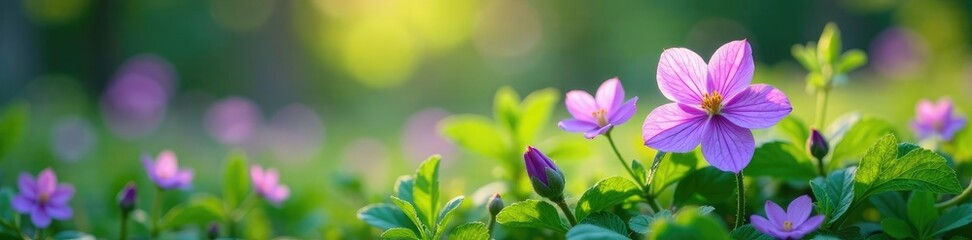 Fototapeta premium delicate purple flowers among lush green foliage, spring, foliage