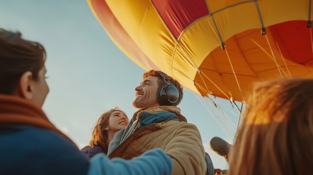 Pilot provides detailed safety briefing to hot air balloon passengers before taking off for an exciting flight adventure in clear skies