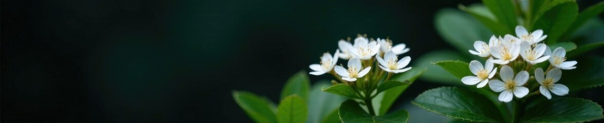 Obraz premium Delicate white flowers in clusters against dark background, flora, bloom, foliage