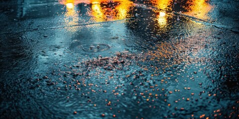 Fototapeta premium A rainy urban scene reflecting lights on a wet surface, creating a moody atmosphere.
