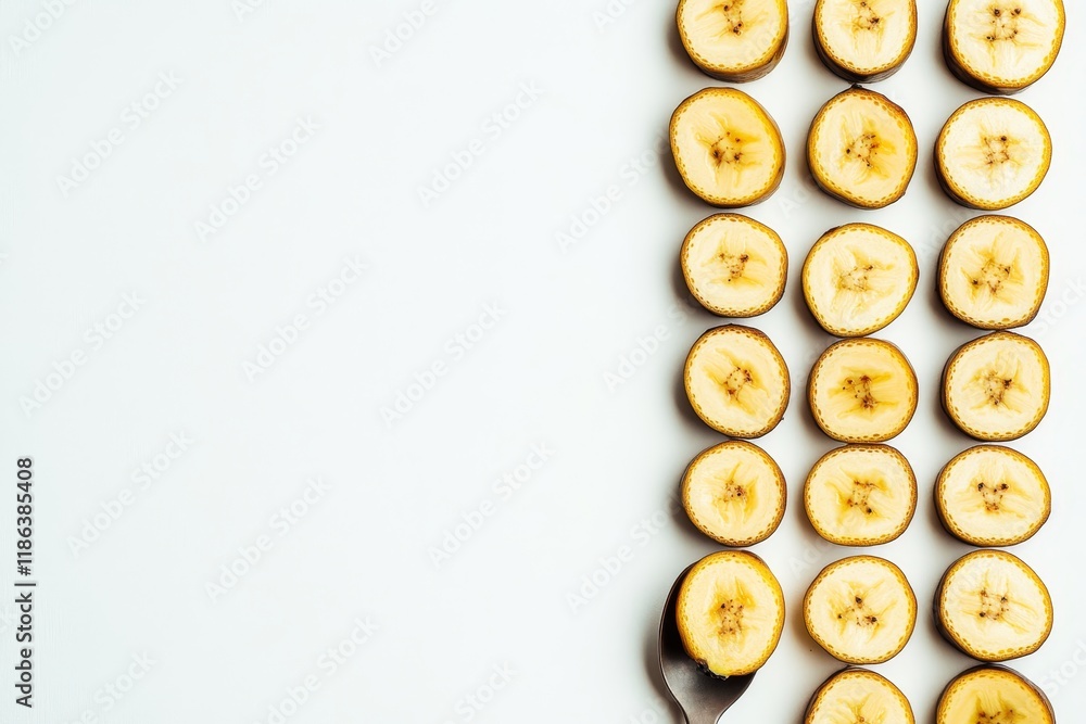 Aufkleber sliced bananas on a light background arranged in a straight line with a spoon adding a touch of eleg
