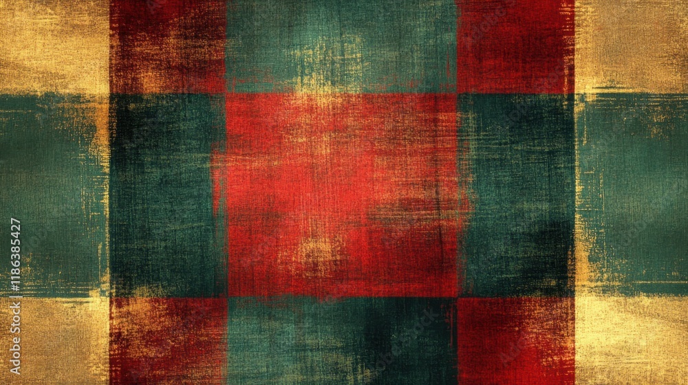 Poster abstract pattern of red and green squares with textured background