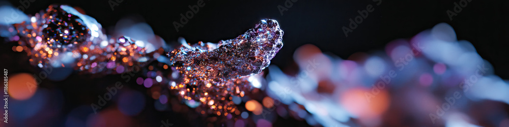 Poster close-up of illuminated crystalline structure with bokeh background