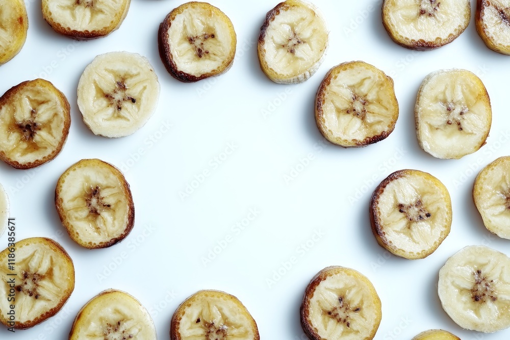 Poster sliced dried bananas arranged in a circular pattern on a light background for culinary presentations