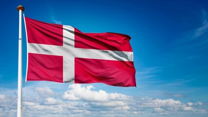 Flag of Denmark waving against Blue Sky. Denmark Flag on pole for Independence day. The symbol of the state on wavy fabric.