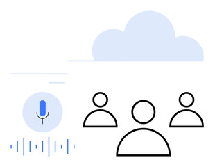 Blue microphone icon with sound waves, minimalist user icons, and cloud symbol representing digital voice technology. Ideal for communication, collaboration, remote work, podcasts, audio sharing