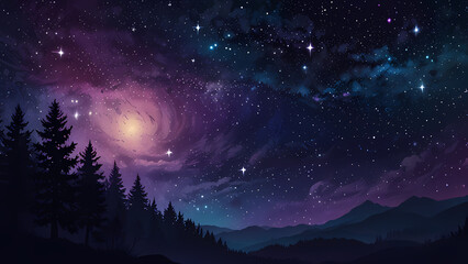 Fototapeta premium A mesmerizing abstract illustration of a starry night sky, featuring glowing stars of varying sizes scattered across a gradient of deep blue and purple hues, with soft swirls of cosmic light
