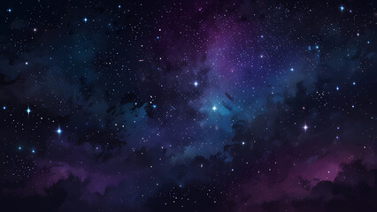 Fototapeta premium A mesmerizing abstract illustration of a starry night sky, featuring glowing stars of varying sizes scattered across a gradient of deep blue and purple hues, with soft swirls of cosmic light