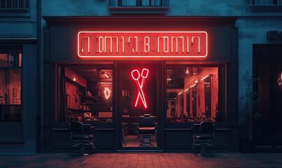 A brightly lit barbershop with neon signage and stylish interiors.