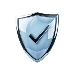 Secure Shield: 3D render of a metallic shield with a checkmark, symbolizing security, protection, and approval.  