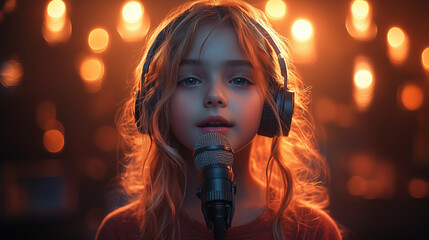 A 7-year-old girl wearing headphones sings into a microphone.