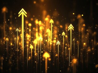 Glowing golden arrows rising on dark background.