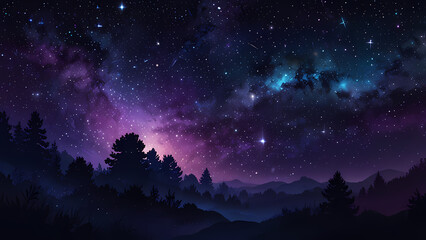 A mesmerizing abstract illustration of a starry night sky, featuring glowing stars of varying sizes scattered across a gradient of deep blue and purple hues, with soft swirls of cosmic light