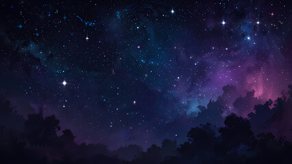 A mesmerizing abstract illustration of a starry night sky, featuring glowing stars of varying sizes scattered across a gradient of deep blue and purple hues, with soft swirls of cosmic light
